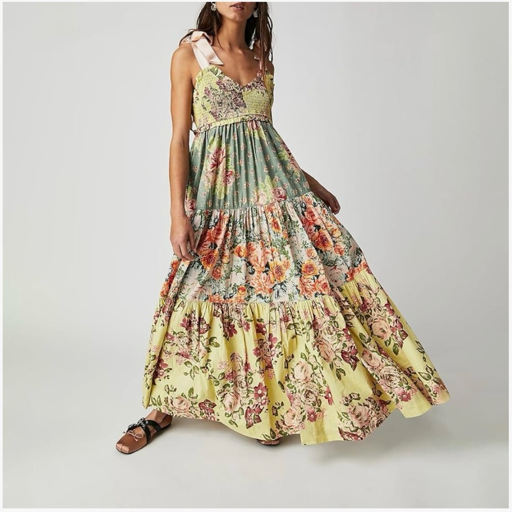 Floral Maxi Dress with Bow Straps and pockets- Small